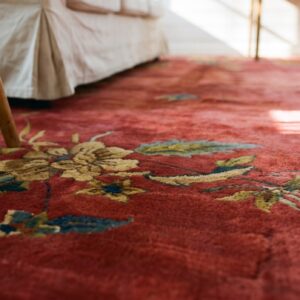 Hand Knotted Pile Red Wool Antique 1920s Rectangle Chinese Art Deco Rug (SKU 24687) - in-room detail