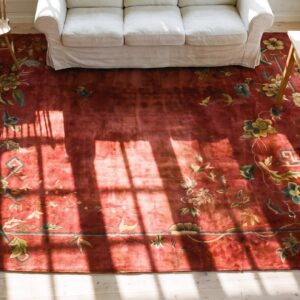 Hand Knotted Pile Red Wool Antique 1920s Rectangle Chinese Art Deco Rug (SKU 24687) - styled overhead view