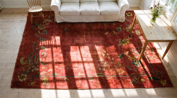 Hand knotted pile red wool antique 1920s rectangle chinese art deco rug 2 Hand knotted pile red wool antique 1920s rectangle chinese art deco rug (sku 24687) - styled overhead view
