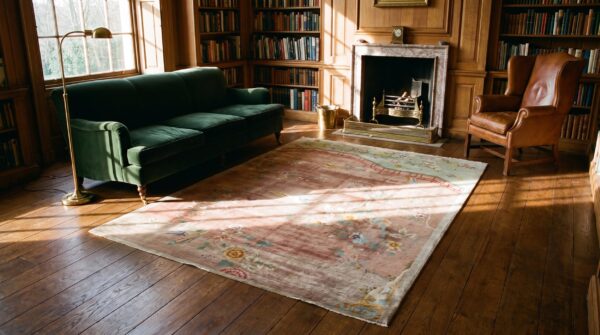 Red knotted antique 1920s room size wool rectangle chinese - art deco rug 11 Red knotted antique 1920s room size wool rectangle chinese - art deco rug (sku 22411) - room view