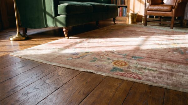 Red knotted antique 1920s room size wool rectangle chinese - art deco rug 12 Red knotted antique 1920s room size wool rectangle chinese - art deco rug (sku 22411) - in-room detail