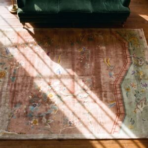 Red Knotted Antique 1920s Room Size Wool Rectangle Chinese - Art Deco Rug (SKU 22411) - styled overhead view