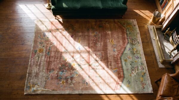 Red knotted antique 1920s room size wool rectangle chinese - art deco rug 2 Red knotted antique 1920s room size wool rectangle chinese - art deco rug (sku 22411) - styled overhead view