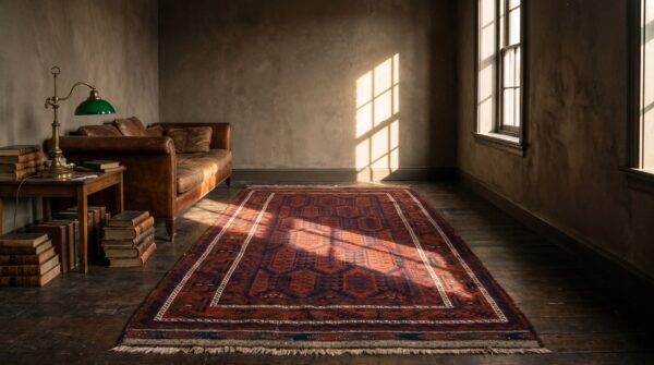 Antique red afghanistan allover geometric hand knotted pile rug 10 Antique red afghanistan allover geometric hand knotted pile rug (sku 22113) - room view