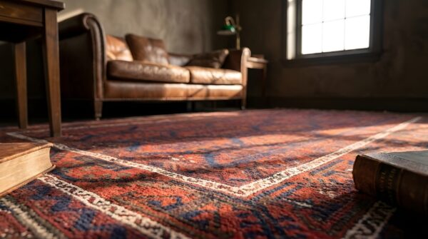 Antique red afghanistan allover geometric hand knotted pile rug 11 Antique red afghanistan allover geometric hand knotted pile rug (sku 22113) - in-room detail