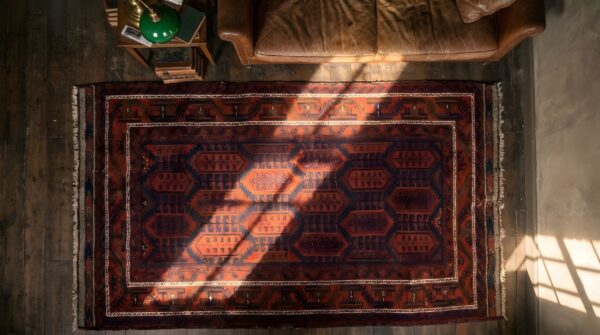 Antique red afghanistan allover geometric hand knotted pile rug 2 Antique red afghanistan allover geometric hand knotted pile rug (sku 22113) - styled overhead view