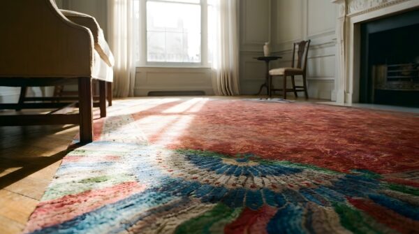 Red allover hand knotted antique chinese art nouveau design rug 9 Red allover hand knotted antique chinese art nouveau design rug (sku 25453) - in-room detail