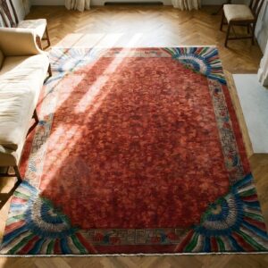 Red Allover Hand Knotted Antique Chinese Art Nouveau Design Rug (SKU 25453) - styled overhead view
