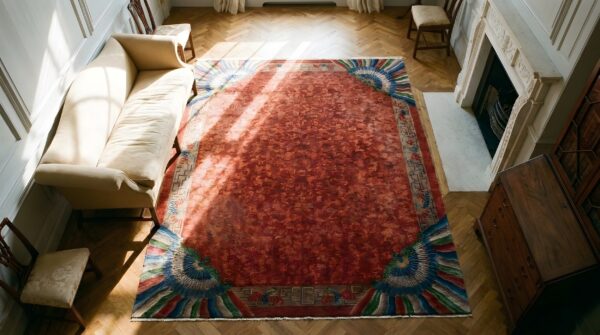 Red allover hand knotted antique chinese art nouveau design rug 2 Red allover hand knotted antique chinese art nouveau design rug (sku 25453) - styled overhead view