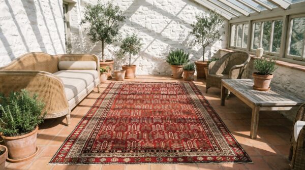 Red antique allover tribal design caucasian shirvan rug 5 Red antique allover tribal design caucasian shirvan rug (sku 21571) - room view
