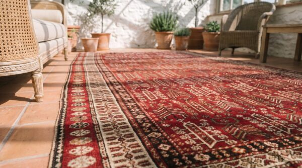 Red antique allover tribal design caucasian shirvan rug 6 Red antique allover tribal design caucasian shirvan rug (sku 21571) - in-room detail