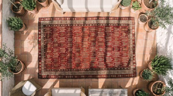 Red antique allover tribal design caucasian shirvan rug 2 Red antique allover tribal design caucasian shirvan rug (sku 21571) - styled overhead view