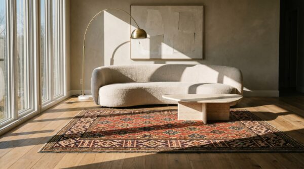 Red antique allover tribal geometric design small caucasian kuba rug 7 Red antique allover tribal geometric design small caucasian kuba rug (sku 19746) - room view