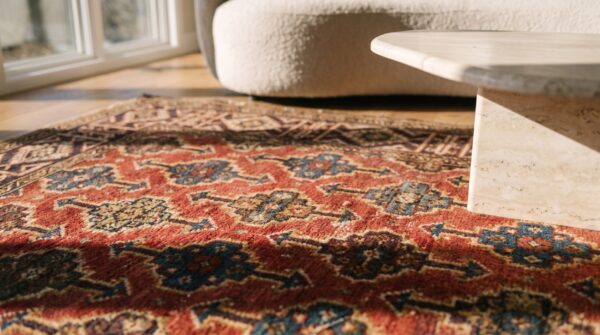 Red antique allover tribal geometric design small caucasian kuba rug 8 Red antique allover tribal geometric design small caucasian kuba rug (sku 19746) - in-room detail