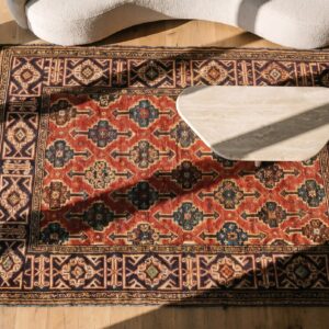 Red Antique Allover Tribal Geometric Design Small Caucasian Kuba Rug (SKU 19746) - styled overhead view