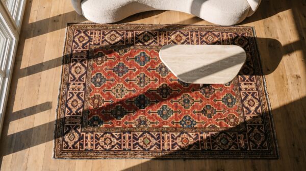 Red antique allover tribal geometric design small caucasian kuba rug 2 Red antique allover tribal geometric design small caucasian kuba rug (sku 19746) - styled overhead view
