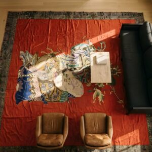 Red Antique Animal Pictorial Pattern Chinese Textile Art (SKU 23722) - styled overhead view