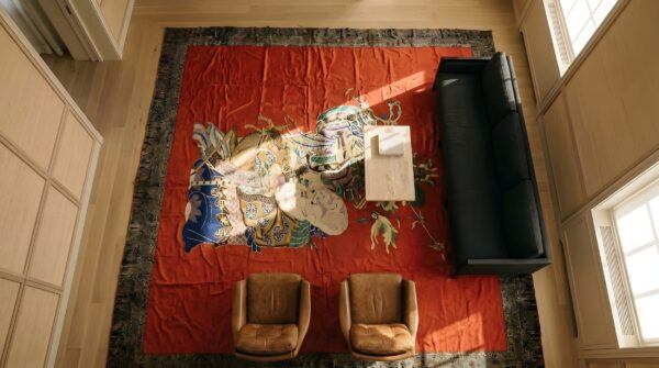 Red antique animal pictorial pattern chinese textile art 2 Red antique animal pictorial pattern chinese textile art (sku 23722) - styled overhead view