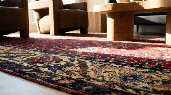 Red artistic floral tree of life design small antique persian bakhtiari rug 12 Red artistic floral tree of life design small antique persian bakhtiari rug (sku 24270) - in-room detail