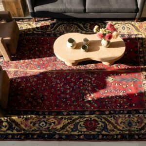 Red Artistic Floral Tree Of Life Design Small Antique Persian Bakhtiari Rug (SKU 24270) - styled overhead view