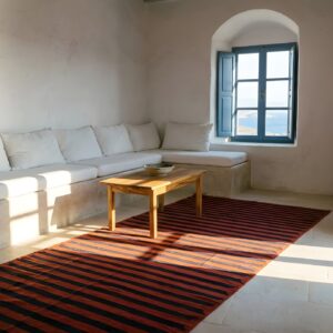 Red Background Blue Striped Antique Oversized Flat Woven Indian Dhurrie Rug (SKU 24148) - room view