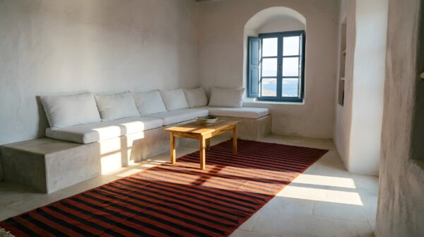 Red background blue striped antique oversized flat woven indian dhurrie rug 8 Red background blue striped antique oversized flat woven indian dhurrie rug (sku 24148) - room view