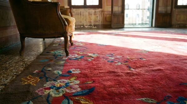 Antique red background color art deco chinese allover design rug 7 Antique red background color art deco chinese allover design rug (sku 24242) - in-room detail