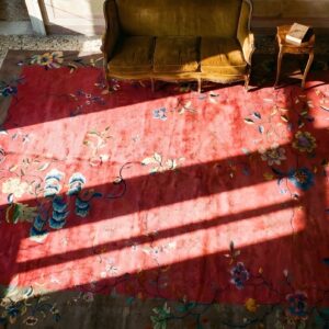 Antique Red Background Color Art Deco Chinese Allover Design Rug (SKU 24242) - styled overhead view