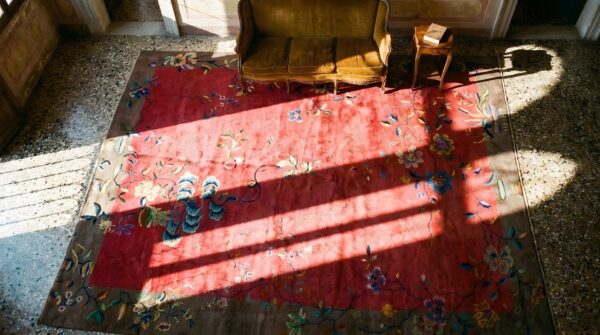 Antique red background color art deco chinese allover design rug 2 Antique red background color art deco chinese allover design rug (sku 24242) - styled overhead view