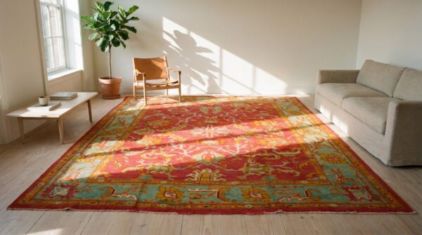 Red background with jewel tones tribal allover design antique turkish oushak rug (sku 18469) - room view
