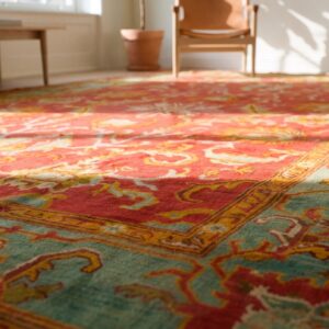 Red Background With Jewel Tones Tribal Allover Design Antique Turkish Oushak Rug (SKU 18469) - in-room detail