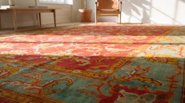 Red background with jewel tones tribal allover design antique turkish oushak rug (sku 18469) - in-room detail