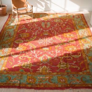 Red Background With Jewel Tones Tribal Allover Design Antique Turkish Oushak Rug (SKU 18469) - styled overhead view