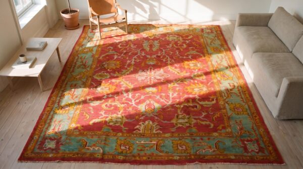 Red background with jewel tones tribal allover design antique turkish oushak rug (sku 18469) - styled overhead view