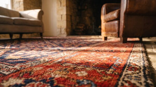 Red antique bakshaish persian allover geometric square rug 11 Red antique bakshaish persian allover geometric square rug (sku 23603) - in-room detail