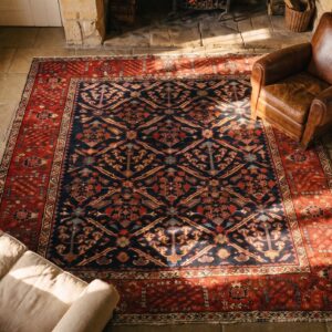 Red Antique Bakshaish Persian Allover Geometric Square Rug (SKU 23603) - styled overhead view