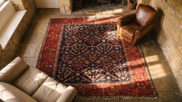 Red antique bakshaish persian allover geometric square rug 2 Red antique bakshaish persian allover geometric square rug (sku 23603) - styled overhead view