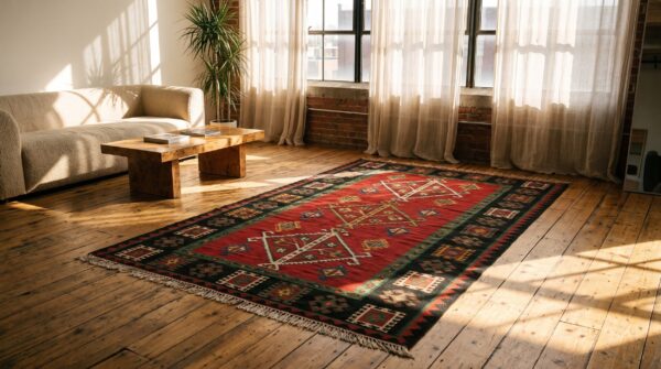 Red antique bessarabian allover geometric tree of life pattern flatweave kilim rug 11 Red antique bessarabian allover geometric tree of life pattern flatweave kilim rug (sku 22770) - room view