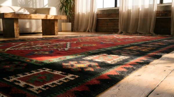 Red antique bessarabian allover geometric tree of life pattern flatweave kilim rug 12 Red antique bessarabian allover geometric tree of life pattern flatweave kilim rug (sku 22770) - in-room detail