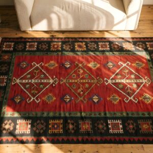 Red Antique Bessarabian Allover Geometric Tree Of Life Pattern Flatweave Kilim Rug (SKU 22770) - styled overhead view
