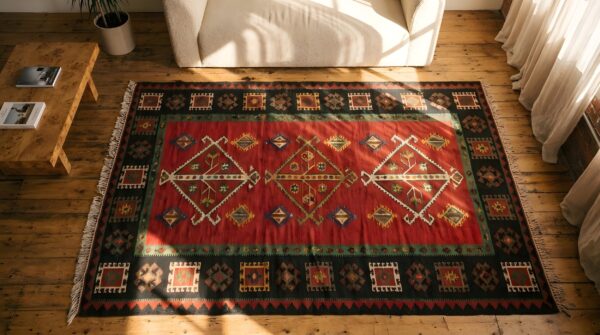 Red antique bessarabian allover geometric tree of life pattern flatweave kilim rug 2 Red antique bessarabian allover geometric tree of life pattern flatweave kilim rug (sku 22770) - styled overhead view
