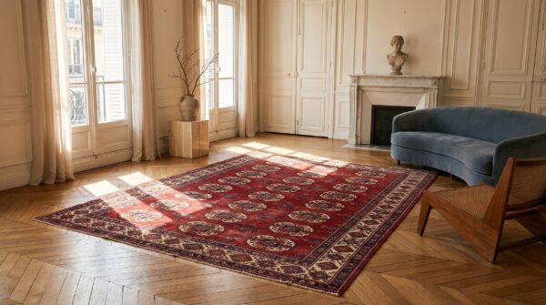 Red bokara design antique tekke allover tribal geometric turkmen rug 9 Red bokara design antique tekke allover tribal geometric turkmen rug (sku 21179) - room view