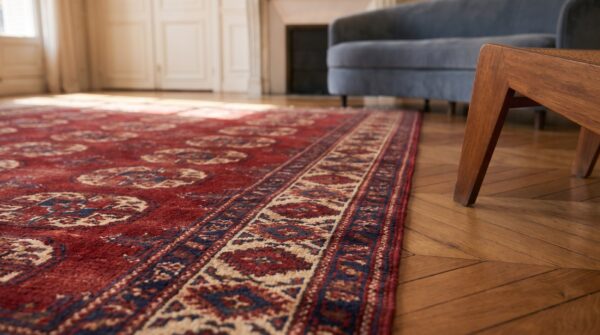 Red bokara design antique tekke allover tribal geometric turkmen rug 10 Red bokara design antique tekke allover tribal geometric turkmen rug (sku 21179) - in-room detail