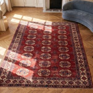 Red Bokara Design Antique Tekke Allover Tribal Geometric Turkmen Rug (SKU 21179) - styled overhead view