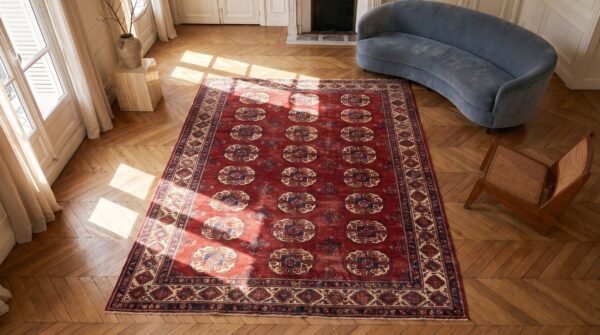 Red bokara design antique tekke allover tribal geometric turkmen rug 2 Red bokara design antique tekke allover tribal geometric turkmen rug (sku 21179) - styled overhead view