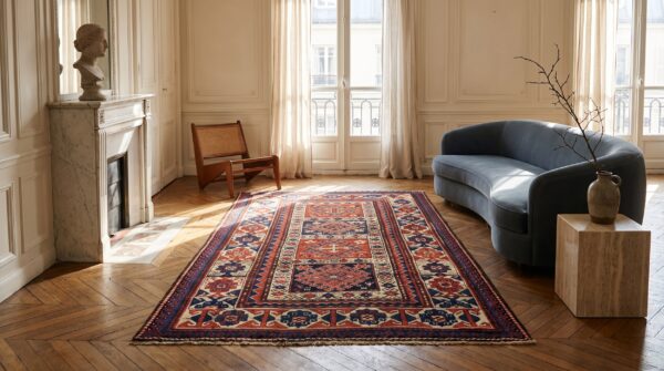 Red antique caucasian allover tribal geometric wool hand knotted pile 19th century rug (sku 22195) - room view