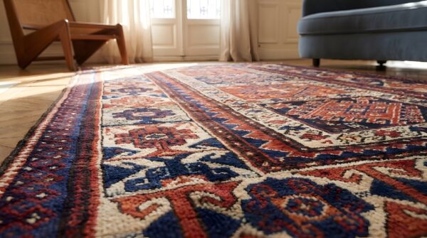 Red antique caucasian allover tribal geometric wool hand knotted pile 19th century rug (sku 22195) - in-room detail