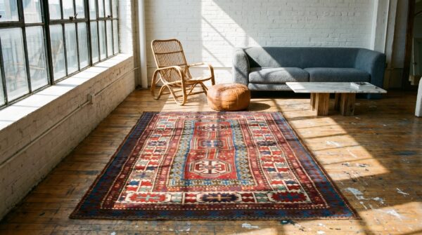 Antique red caucasian tribal geometric medallion kazak rug 6 Antique red caucasian tribal geometric medallion kazak rug (sku 19575) - room view