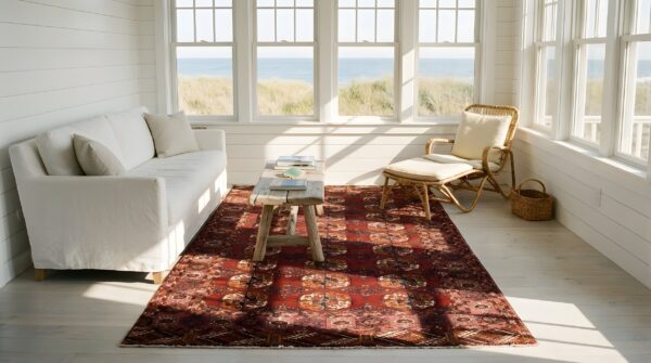 Antique red central asian turkman tekke allover geometric knotted rug 10 Antique red central asian turkman tekke allover geometric knotted rug (sku 23914) - room view