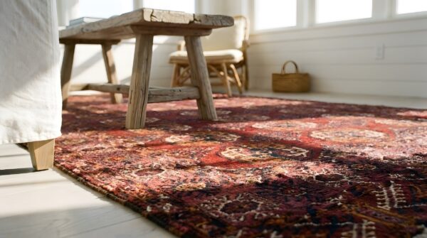 Antique red central asian turkman tekke allover geometric knotted rug 11 Antique red central asian turkman tekke allover geometric knotted rug (sku 23914) - in-room detail